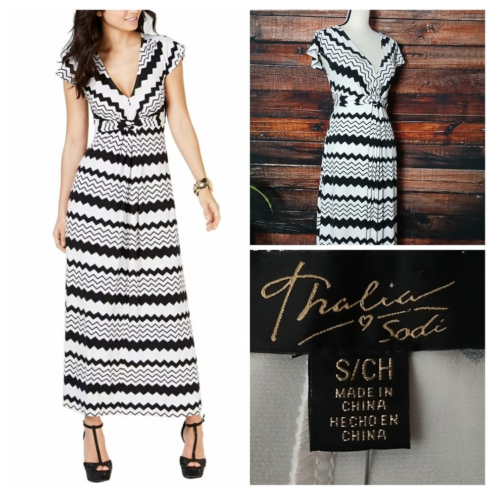 NWT Thalia Sodi Dress S Maxi Zig Zag Striped Tie Back